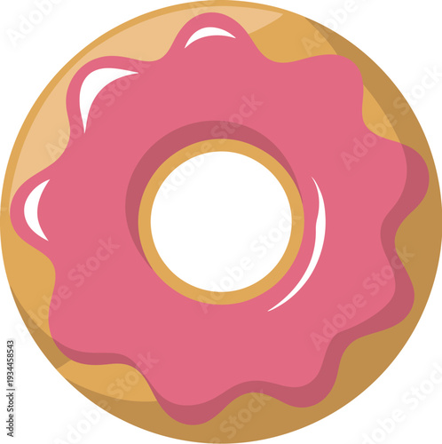 Donut with pink glaze and yellow center on white viewed from above in flat design