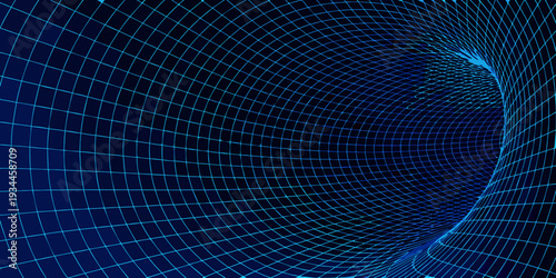 Abstract blue grid forming a swirling vortex or wormhole effect