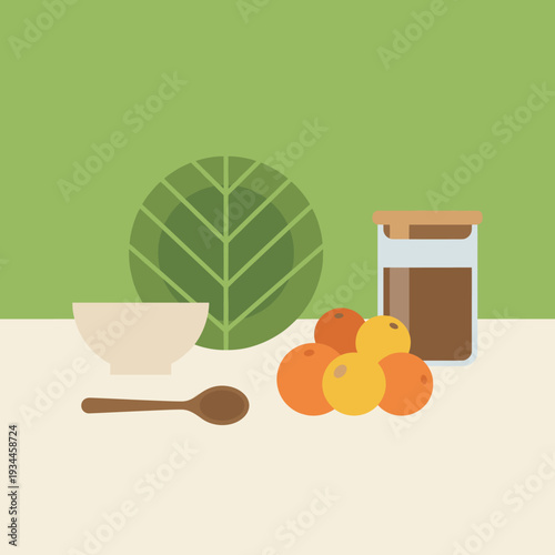 Balanced Nourishment: A minimalist depiction of a harmonious meal, artfully composed with fresh oranges, a ceramic bowl, wooden spoon, a leafy plate, and a jar, all set against a calming backdrop.