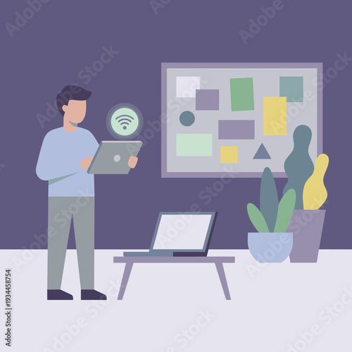 Digital Hub: A person in a room, engrossed in their tablet, connects with the world through a wireless signal. A laptop sits on a table below, a pinboard on the wall, and decorative plants.