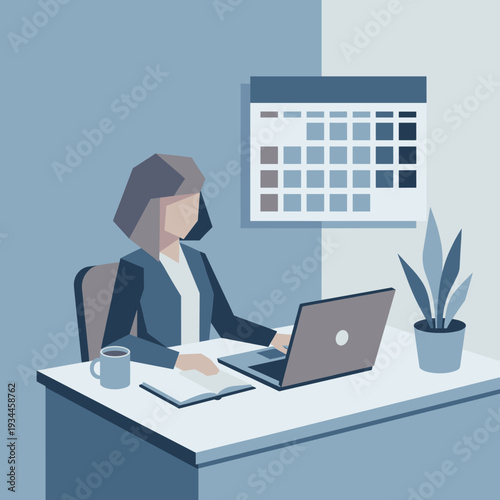Modern Workspace: A professional woman is immersed in work at her desk, with a laptop, open notebook, a cup of coffee, and a calendar that highlights focus and planning