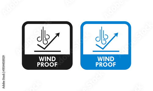 Professional blue and black windproof logo vector. Modern circular icon featuring air flow and protection symbols, ideal for sports gear, winter clothing, and industrial textile labels.