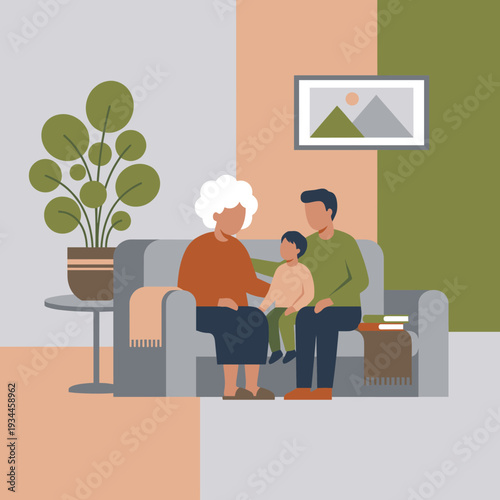 Generational Bond: A heartwarming illustration shows a family of three generations together on a comfortable sofa, depicting the beautiful connection of love, warmth, and the family tree.