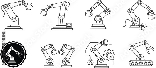 Industrial Robotic Arm and Automated Manufacturing Mechanical Icons Set