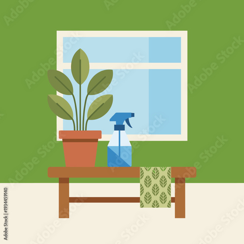 Serene Indoor Garden Scene: An illustration of an indoor sanctuary, a potted plant with lush leaves takes center stage, alongside a spray bottle and a patterned towel.