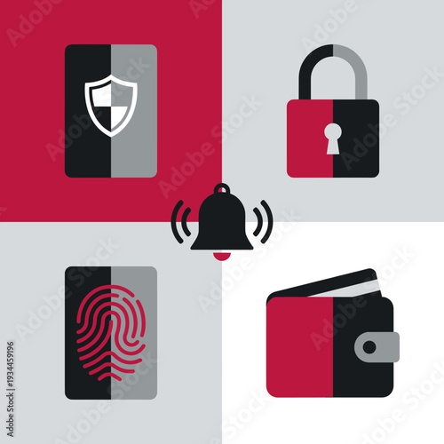 Digital Security: An abstract representation of digital security, showcasing a shield, padlock, fingerprint, and wallet.