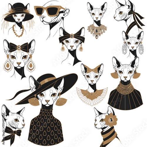 luxury sphynx cat vector icon set, hairless alien feline fashion illustration, modern premium branding on white background