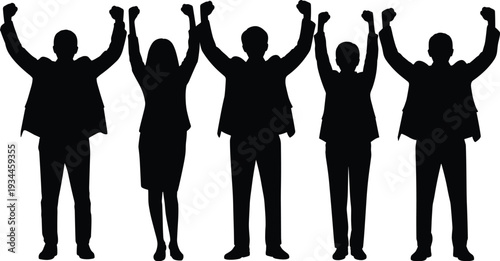 Black silhouettes of diverse business people raising hands in victory celebrating success and team achievement isolated on white background for corporate goal vector illustration.