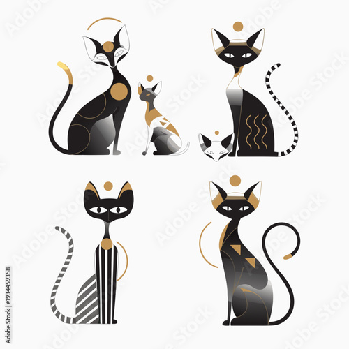 luxury sphynx cat vector icon set, hairless alien feline fashion illustration, modern premium branding on white background