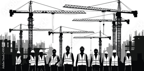 Multiple tower cranes and construction workers on a building site silhouette Keywords: construction, site, tower crane, building