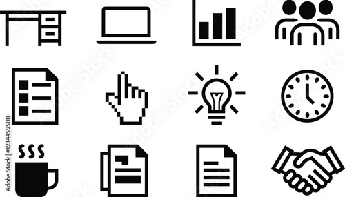 Professional business and office vector icon set featuring desk laptop data chart team checklist lightbulb clock coffee and handshake isolated on white background.