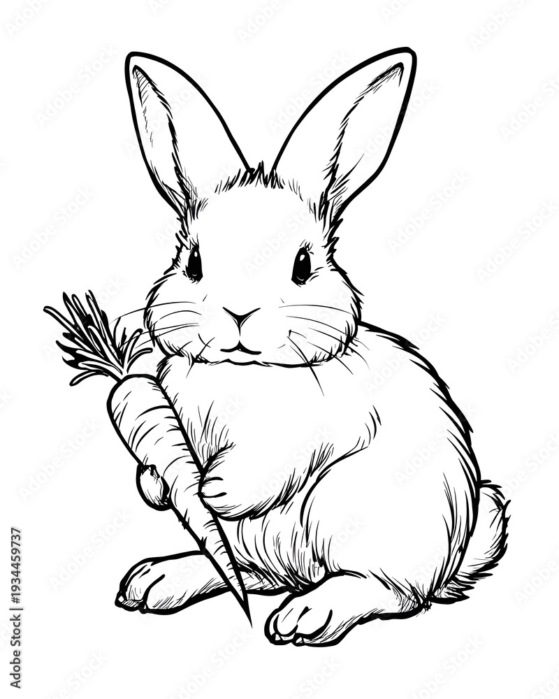 Fototapeta premium A cute bunny holding a carrot coloring page.