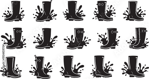 Black boots with mud splashes in various positions illustration