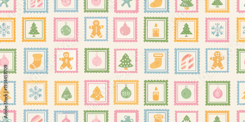 A repeating pattern of colorful holiday themed postage stamps