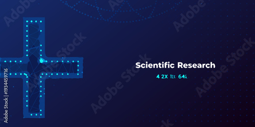 Abstract blue network with a cross shape and scientific research text
