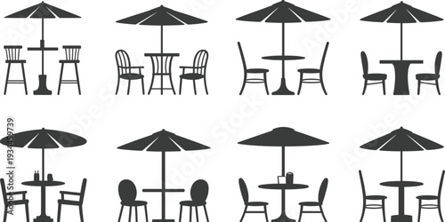 Outdoor patio furniture vector icon set featuring garden umbrellas with bistro tables and chairs silhouettes isolated on white background for cafe and backyard landscape design.