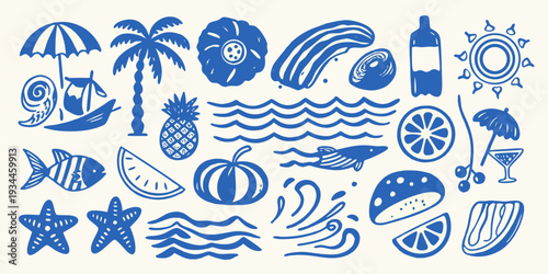 A collection of hand drawn blue summer icons and tropical elements