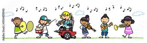 Gruppe Cartoon Kinder auf Wiese spielen Musik auf Musikinstrumenten