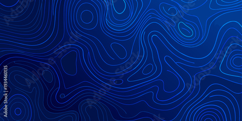 Abstract blue topographic map with flowing curved lines and gradient
