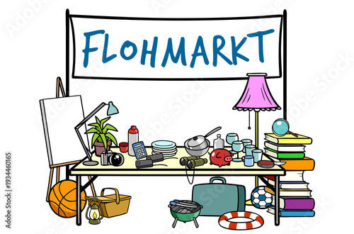 Flohmarkt Termin Ankündigung mit Secondhand Trödel Stand