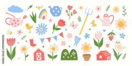 Charming hand drawn illustration of garden elements and whimsical countryside objects