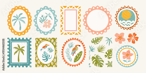 Colorful tropical frames stickers and floral illustrations on a beige background
