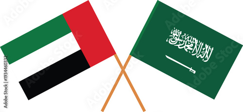 Crossed flags of the United Arab Emirates and Saudi Arabia on flagpoles for Middle East diplomacy and regional international relations