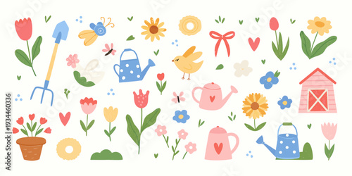 Colorful garden illustrations with flowers tools and whimsical garden elements