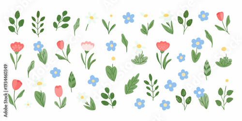 Colorful collection of illustrated wildflowers and leafy green stems