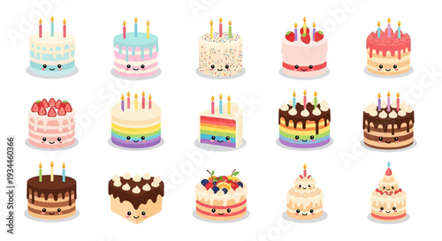 Kawaii Birthday Cake Character Icons Set with Cute Faces and Colorful Toppings