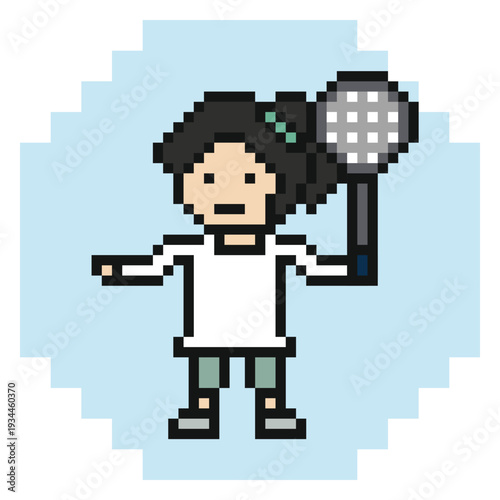 Cartoon woman play badminton 8 bit with tennis,training,racket,workout,swing,court.