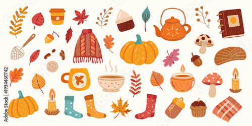 A charming autumnal collection of fall themed objects and decorative elements