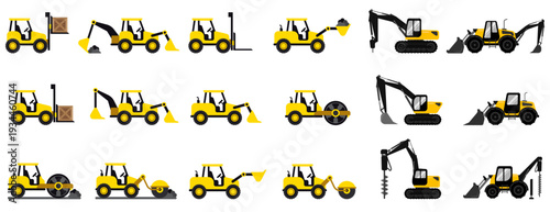 Heavy Construction Machinery Vector Set, Yellow Excavator, Forklift, Bulldozer and Road Roller Icons for Industrial Design
