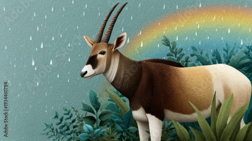 Okapi, Okapi standing beneath a rainbow after rain in a flat illustration style.