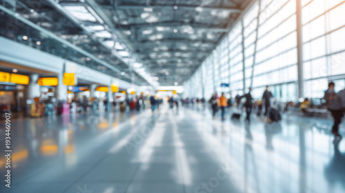 Blurred Airport Terminal Interior With Travelers And Copy Space, Modern Transportation And Travel Concept