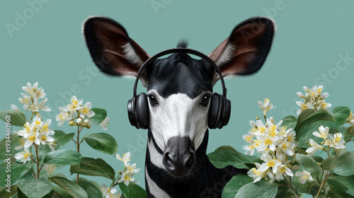 Okapi, Okapi wearing headphones and listening to music in a flat illustration style.