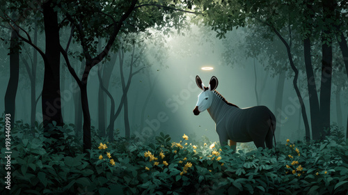 Okapi, Okapi with angel halo in a peaceful natural forest setting, flat design illustration.