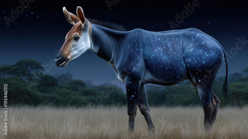 Okapi, Okapi with a galaxy pattern blending seamlessly into a night sky background.