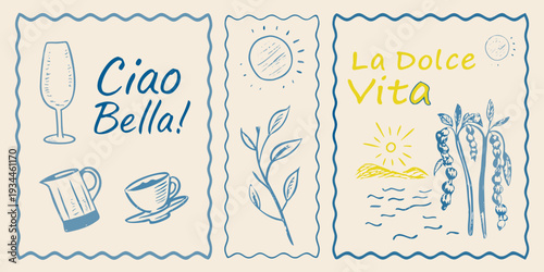 Italian themed illustrations with wine coffee and botanical elements