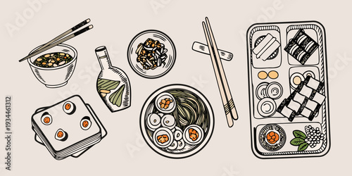 Japanese bento box and assorted traditional food illustrations on beige