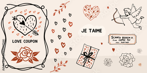 Valentine s day themed coupon with hearts cupid and floral illustrations