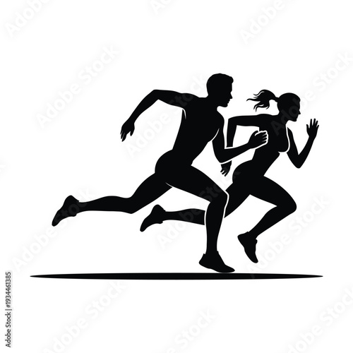 Silhouette of man and woman running side by side in athletic pose