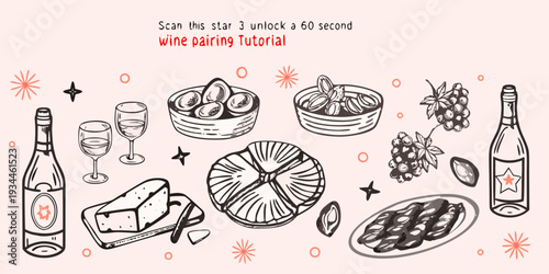 Wine pairing illustration featuring cheese fruit and beverage sketches