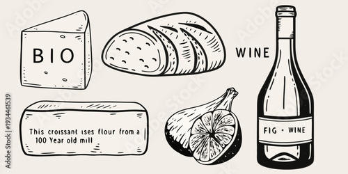 Artistic illustration of cheese bread wine and figs with text elements
