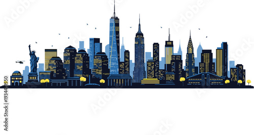 New York City Skyline Silhouette with Statue of Liberty and Helicopter at Night Keywords: New York City, NYC, skyline