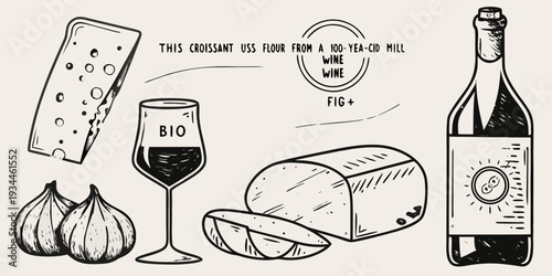 A sketched arrangement of wine cheese figs and a croissant