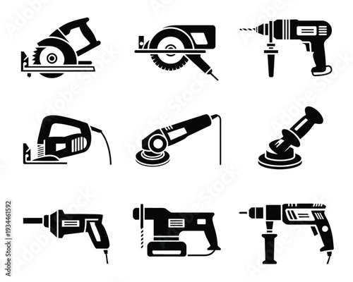 Assorted power tools depicted in a minimalist black and white style
