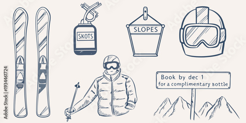 Winter sports equipment and snowy mountain scene sketch illustration