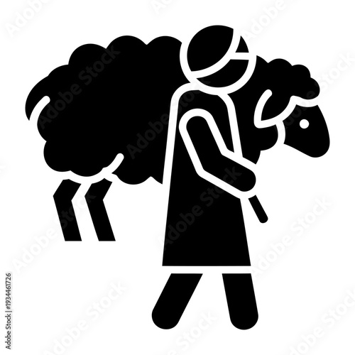 Shepherd carrying a sheep on his shoulders solid icon representing agriculture and religious themes