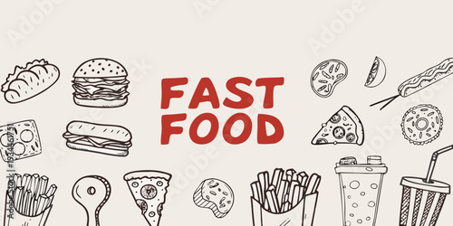 Various fast food items and the word fast food in red lettering